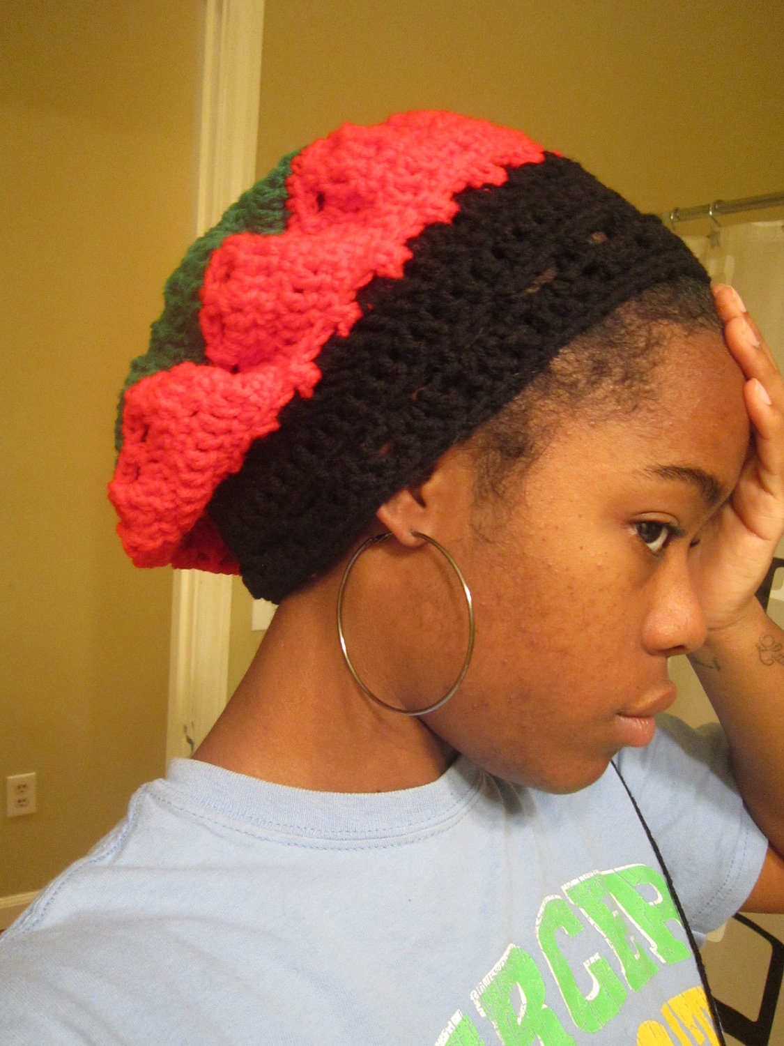 SMALL Empress Slouchy - Crocheted Ethnic Hat in Pan-African Colors