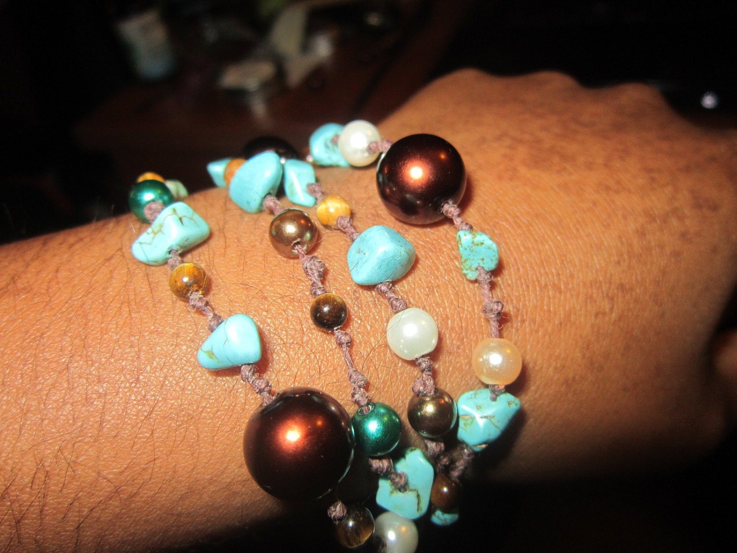 Water and Soil - Turquoise, Tiger's Eye, and Pearl on Linen