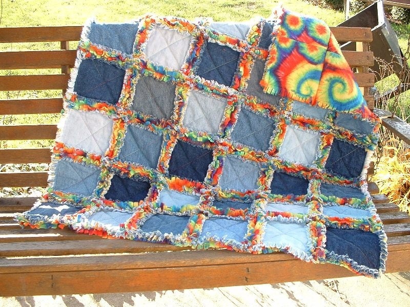 Upcycled Denim and Fleece Rag Quilt Throw Your Choice of Fleece CUSTOM ORDER