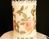 Lampshade Cream Vintage Table Lamp Shade with lace, with big pink roses green leaves and beads, housewares romantic handmade