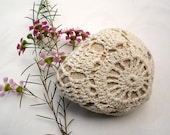 Nature decorated river pebble stone, covered with vintage crochet round motif, hand made by Mina