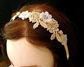Bridal Lace Headband, vintage style with gold color stone and with cream flowers motif lace.