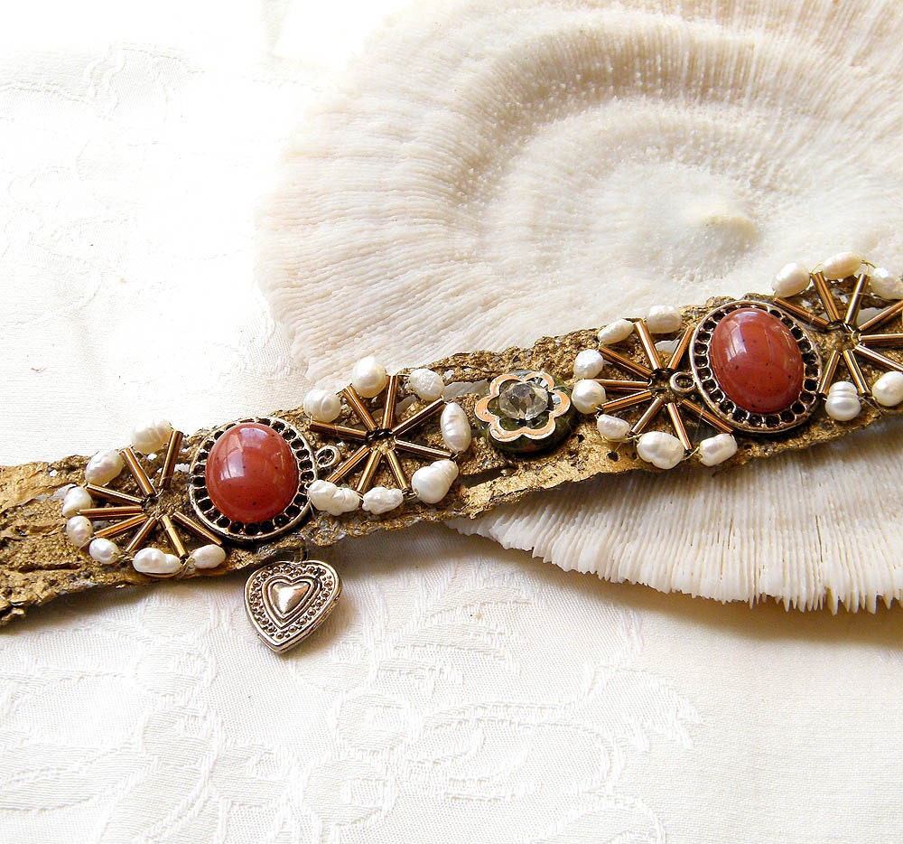 Vintage Bracelet, with  round pearls, beads, special stone lucky heart and more motifs, stitched to a ribbon lace. charm wedding handmade.