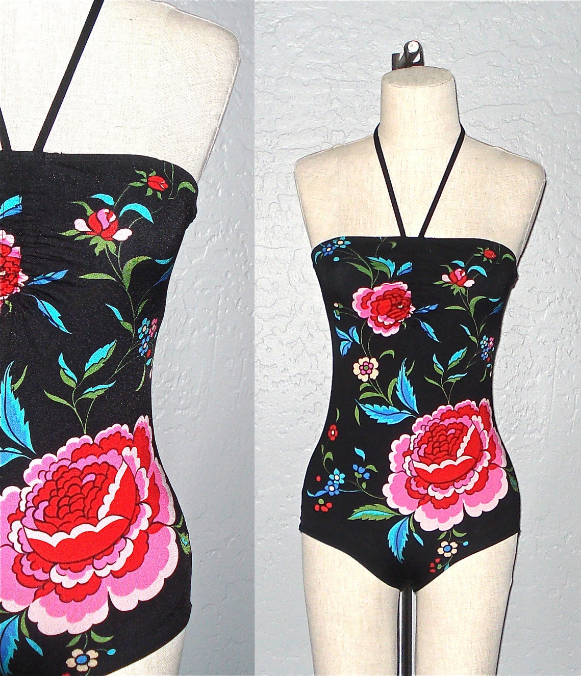 Vintage 70s swimsuit BLACK FLORAL halter strap one piece bathing suit - S