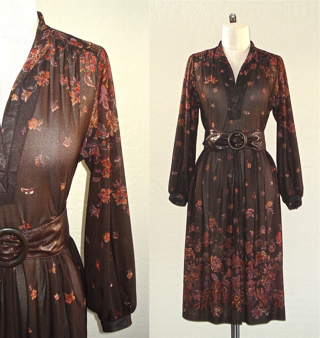 Vintage 70s dress BOHO BROWN long sleeved retro floral print - M