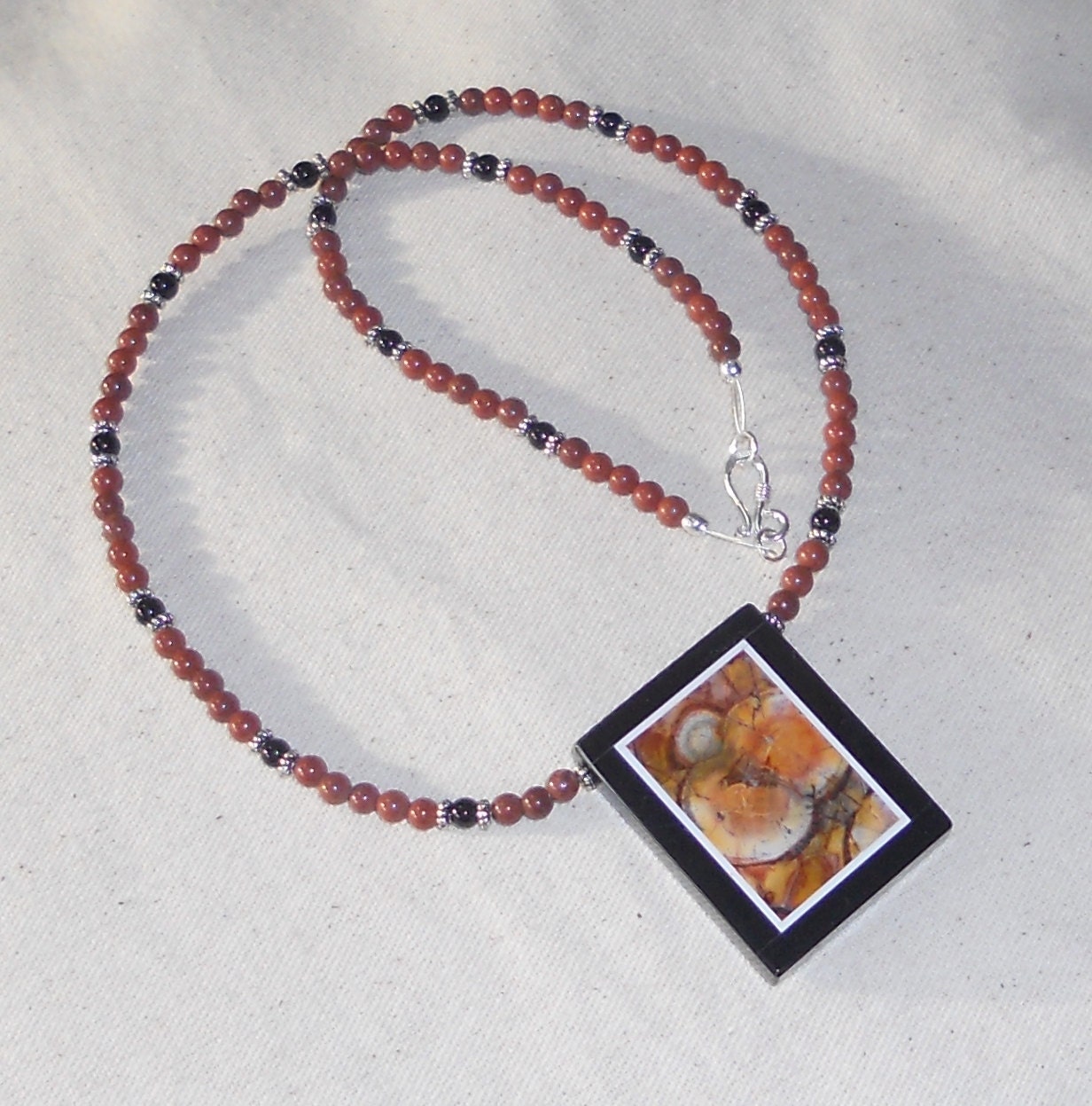 Red Ghost Eye jasper intarsia necklace with red jasper and black onyx bead pietra dura semiprecious stone jewelry J315