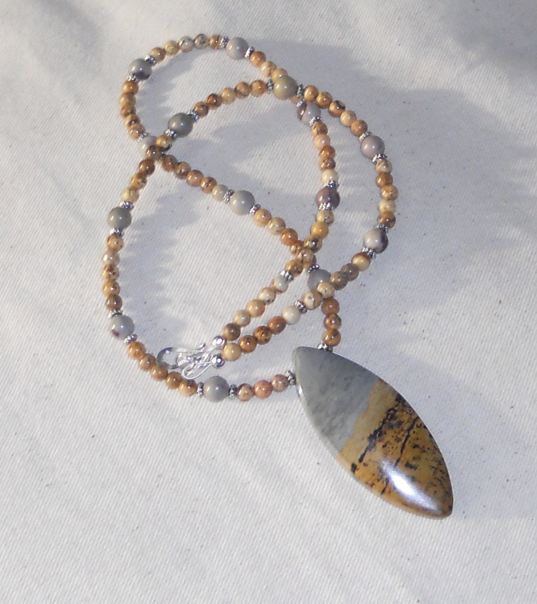Brown and blue green gray Chinese jasper pendant necklace semiprecious stone jewelry  packaged in a colorful gift bag J316
