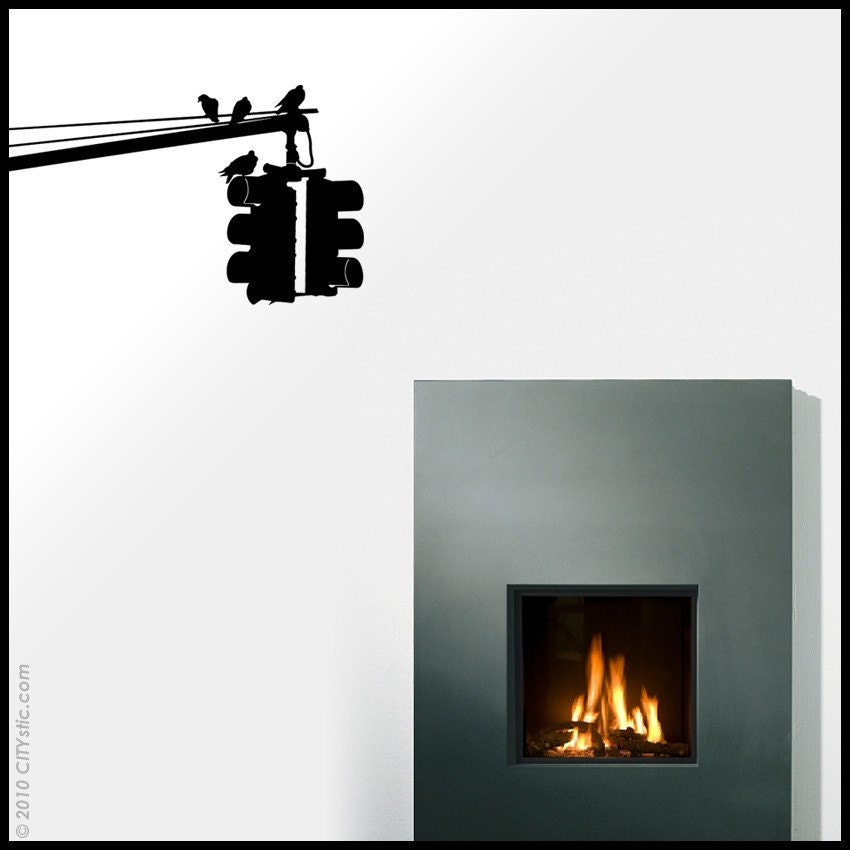 NYC : WALL DECAL - Traffic Lights.  Triple Hanged lights as in New York, with pigeons above.