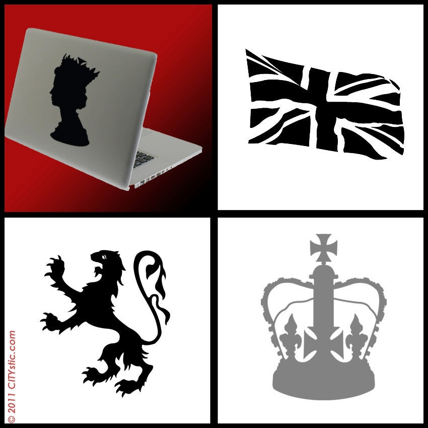 UK :  Royal Icons with queen, crown, lion and British flag Union Jack. Apple, Macbook, iPad - COMPUTER DECALS