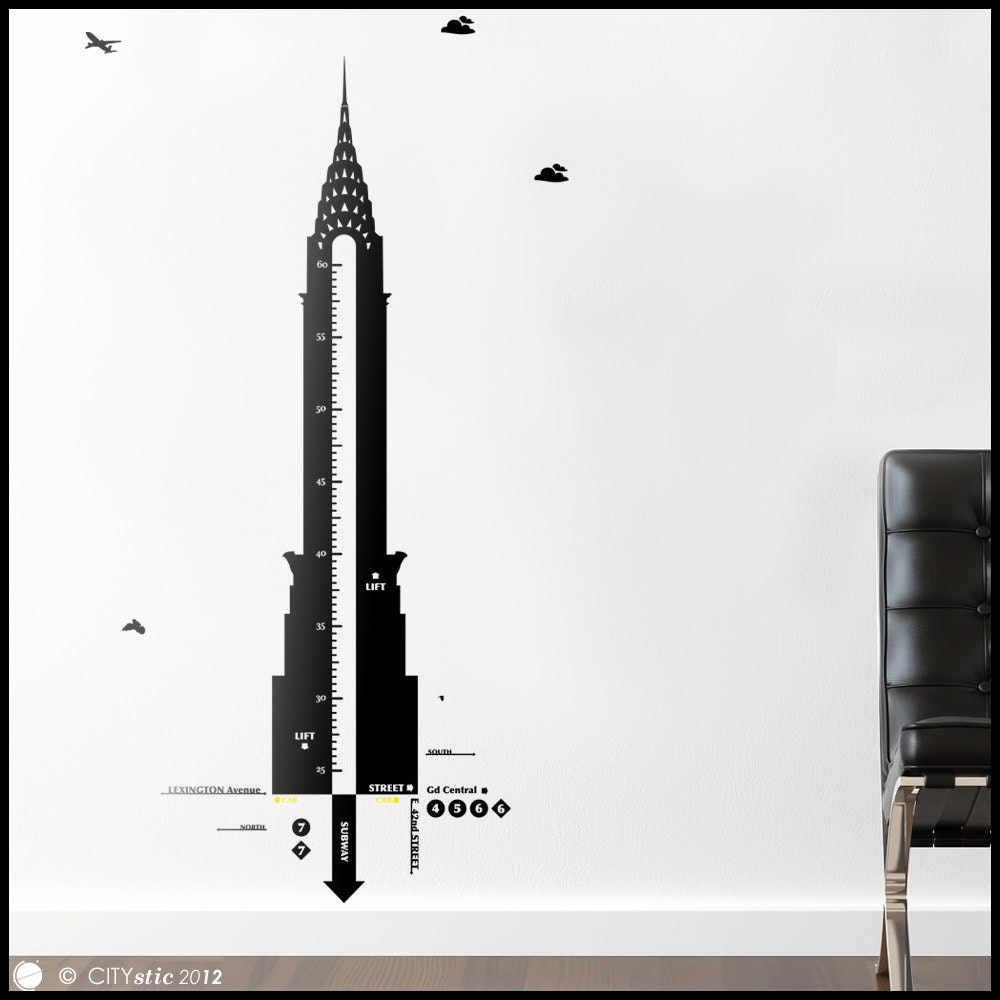 On Sale NYC - WALL DECAL : Child Growth Chart Chrysler Building Inches - 5 feet Kid, Nursery, classy - With Free One Way decal