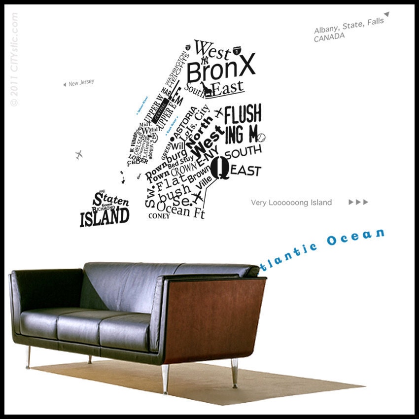 NYC - WALL DECAL : On sale 5 Borough Map in words - icons - letters New York. Free one way sign decal