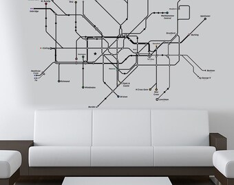 LONDON : WALL DECAL - On sale Huge Underground Tube map with color dots for subway lines and names.