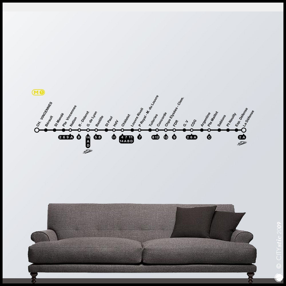 PARIS WALL DECAL : Mythic Line 1 of the Parisian Subway, Champs Elysées, Châtelet, Town center with stations