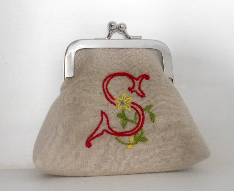 Monogrammed Initial Hand Embroidered Coin Purse