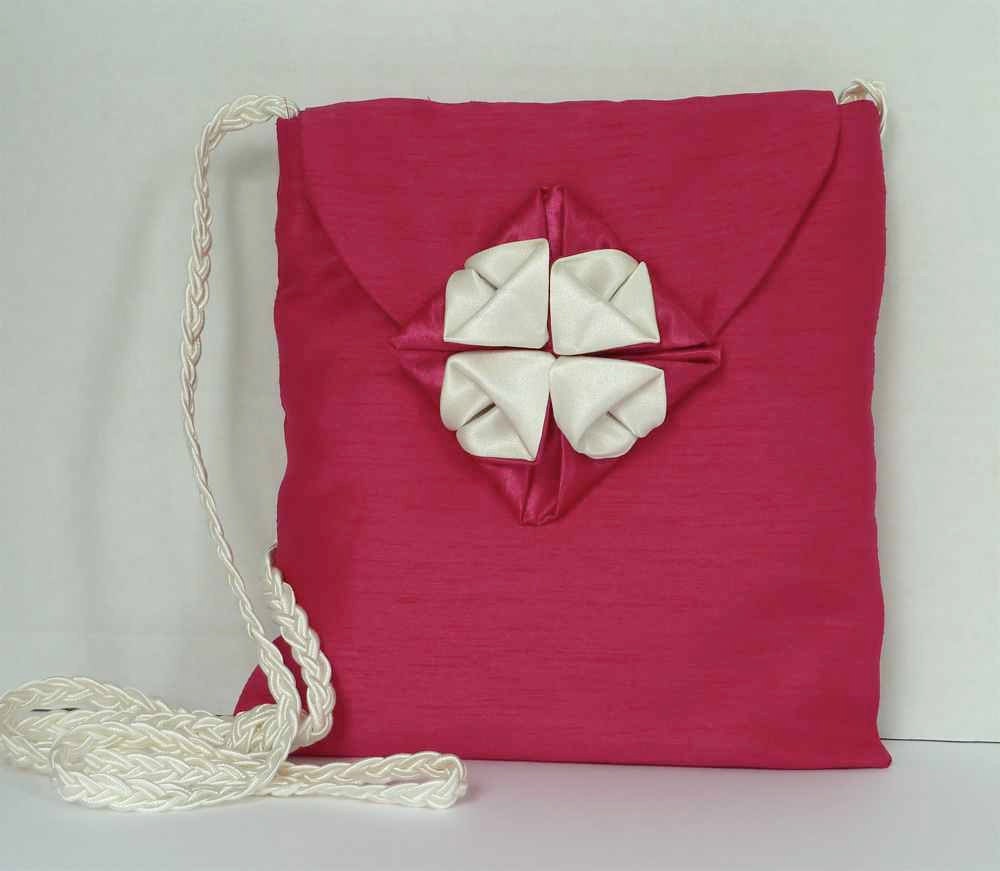 Bright pink Shantung shoulder purse with origami flower