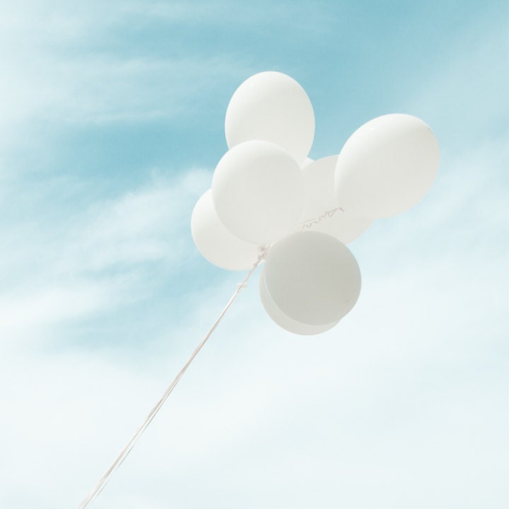 Photo of Bunch of White Balloons and Blue Sky - Fine Art Photo Entitled Pure Delight - 8 X 8 - CarlaDyck
