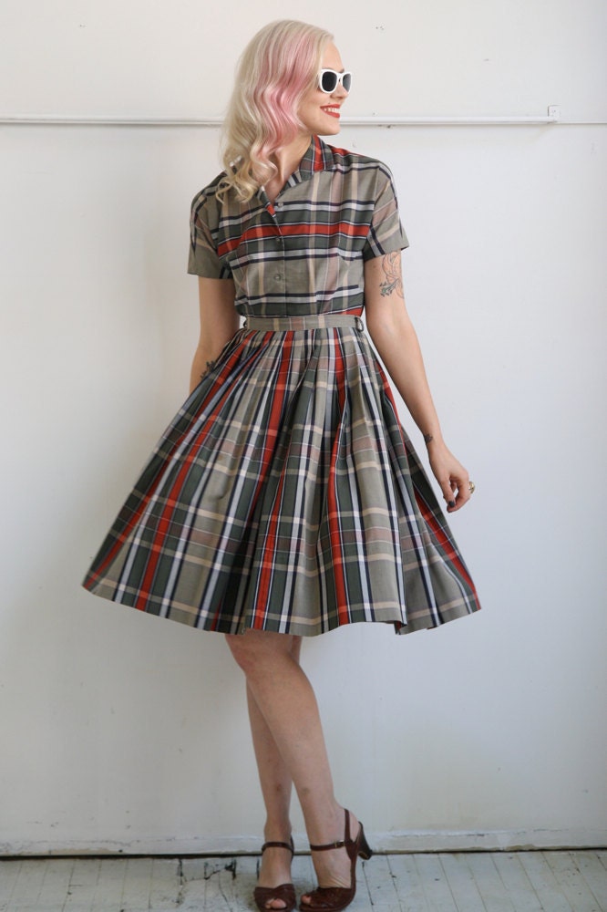 1950s Dress Set // Plaid Blouse & Skirt // Vintage 1950s Set // Xs-S