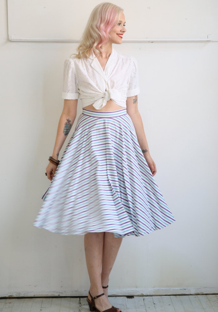 1950s Circle Skirt // Teal & Lilac Striped // Vintage Circle Skirt // Xs-S
