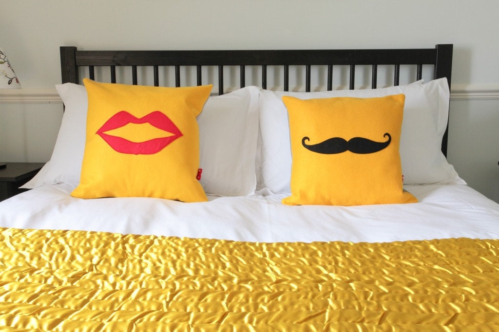 His & Hers Moustache / Lips Pair of Felt Cushions