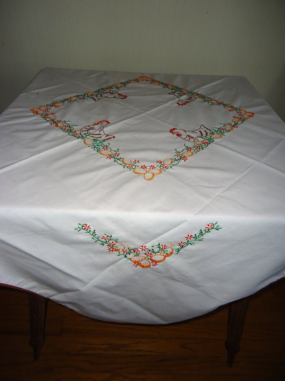 Vintage Embroidered Chicken and Eggs Table Cloth Linen