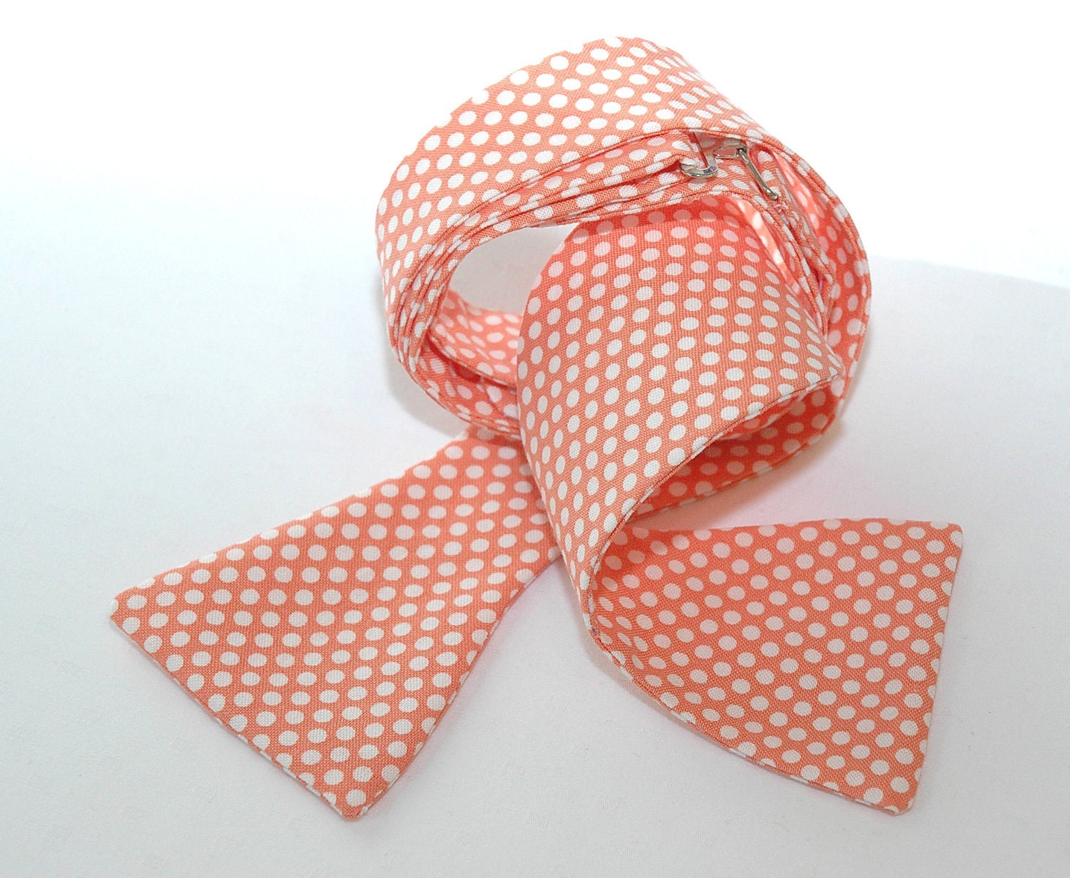 Men's Bow Tie in pale coral with white mini polka dots