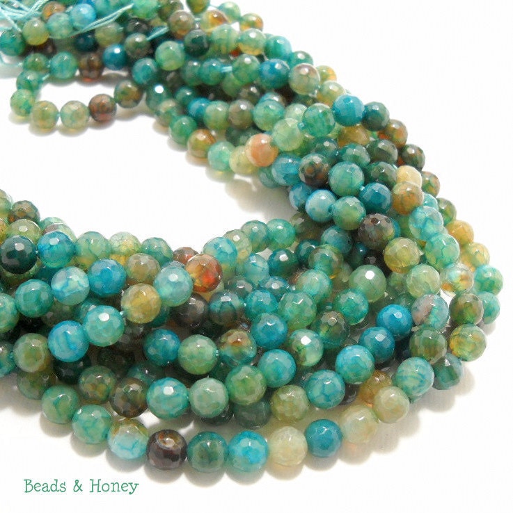 Agate, Fired, Aqua, Gemstone Beads, Blue-Green, Dark, Round, Faceted, 6mm, Small, Full-Strand, 62pcs - ID 584