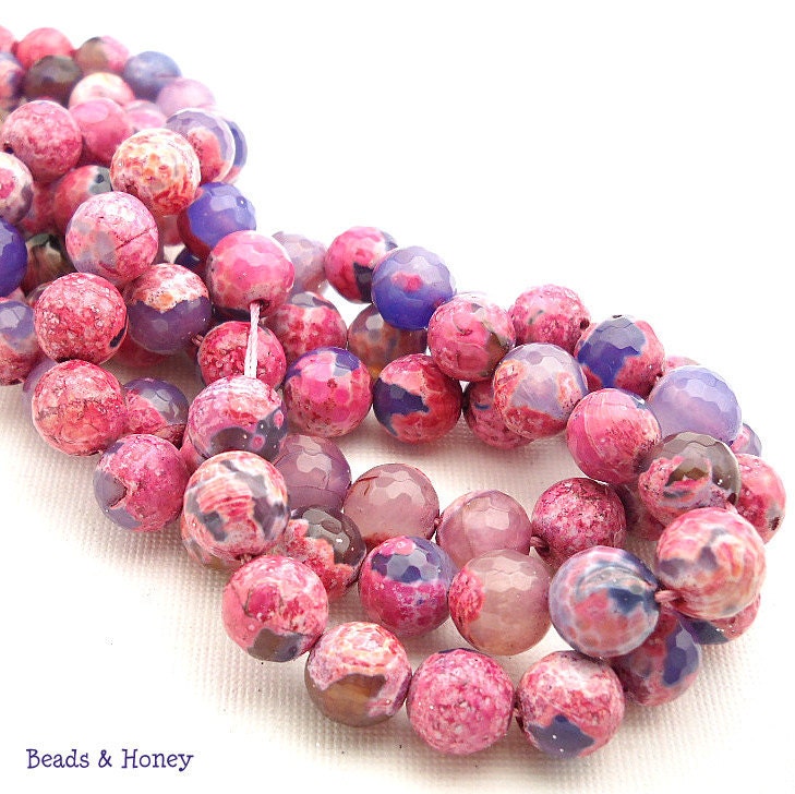 Agate, Pink and Purple, Fired, Antiqued, Round, Faceted, Gemstone Beads, 10mm, 25pcs - ID 948