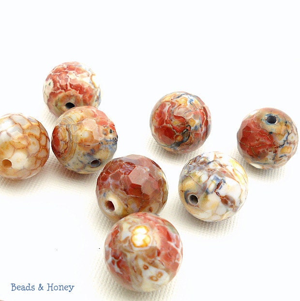Agate, Brick Red, White, Dark Blue, and Brown, Fired, Round, Faceted, Gemstone Bead, 16mm, Large, 10pcs - ID 987