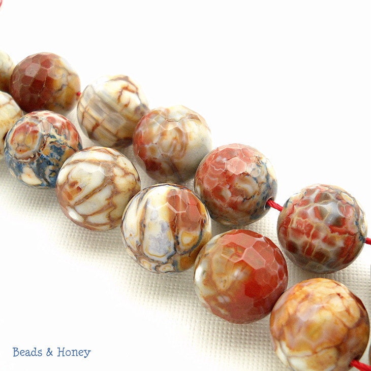 Agate, Brick Red, White, Dark Blue, and Brown, Fired, Round, Faceted, Gemstone Bead, 16mm, Large, 10pcs - ID 987