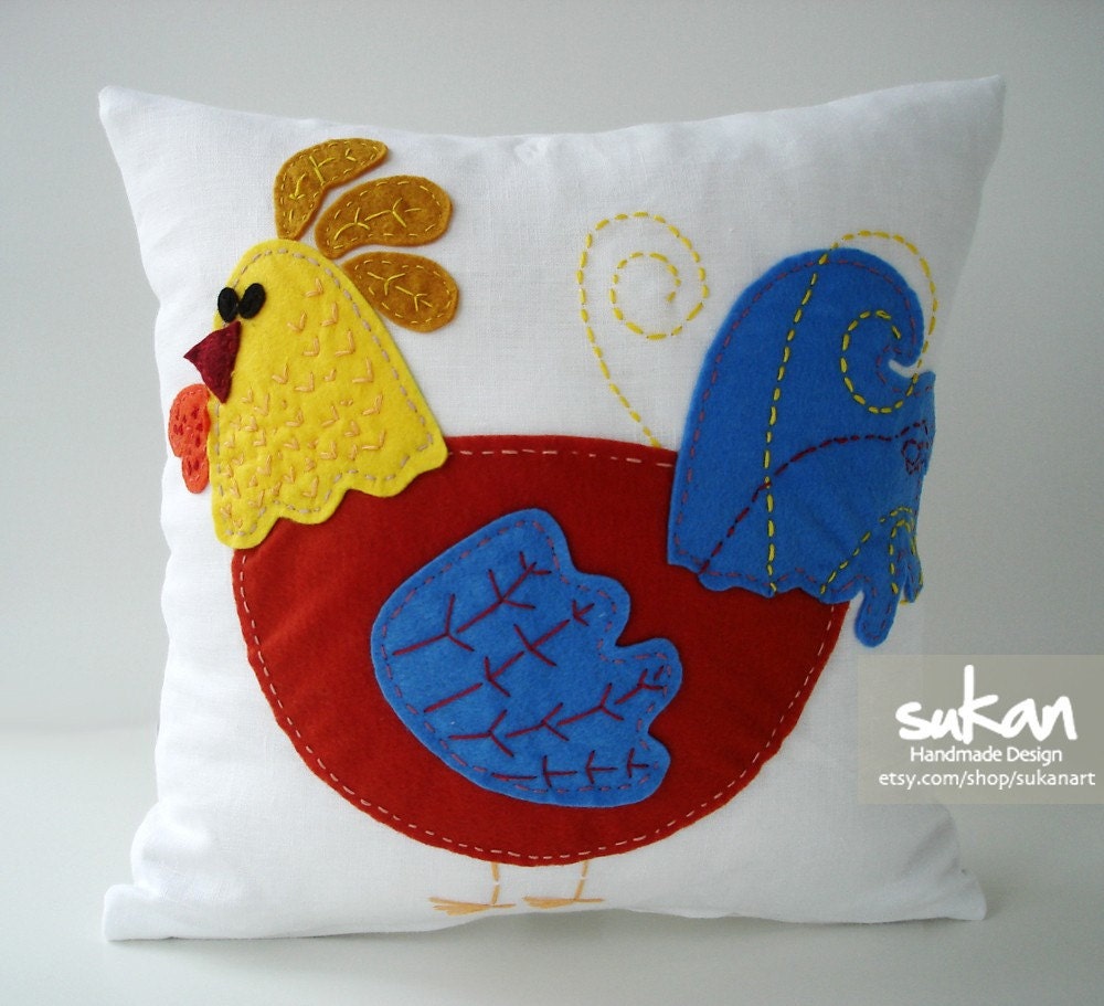 Sukan / Original Design Chicken, White Linen Pillow Cover