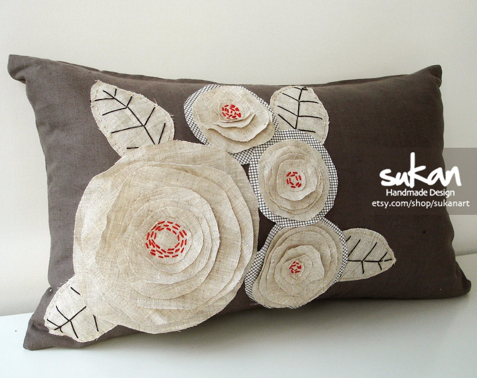 Sukan / Flowers Raw Linen Pillow Cover - Decorative Pillow - Accent Pillow - Valentine Day Gift - Lumbar Pillow Cover