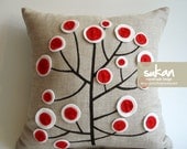 Sukan / Red White Tree Pen Pattern Raw Linen Pillow Cover - 14x14 inch