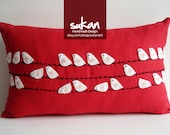 Sukan / Red Linen White Birds pillow covers - red lumbar pillow cover - linen pillow - wine birds pillow - nursery pillow - designer pillow