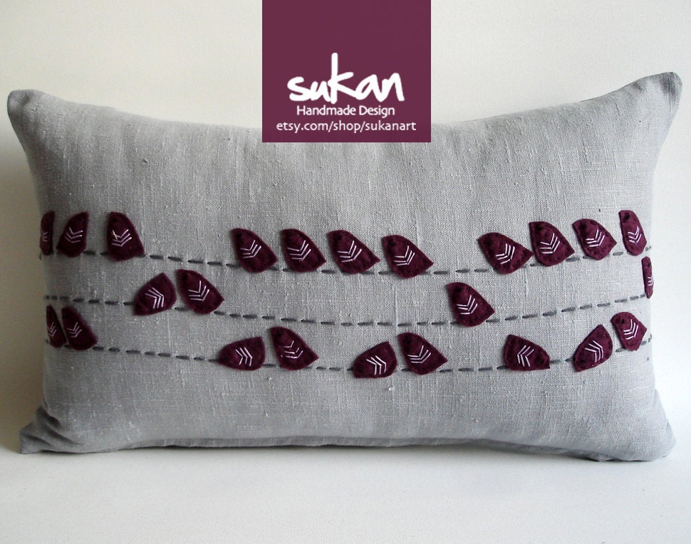Sukan / Birds Linen Pillow Cover - 12x20 inch - Gray, Reddish Purple Color