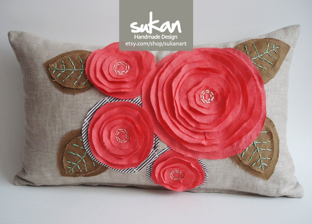 Sukan / Sea Coral Pink Rose Flowers Raw Linen Pillow Cover - Lumbar Pillow - Rose Pillow - Raw Linen Pillow -12x20 inch