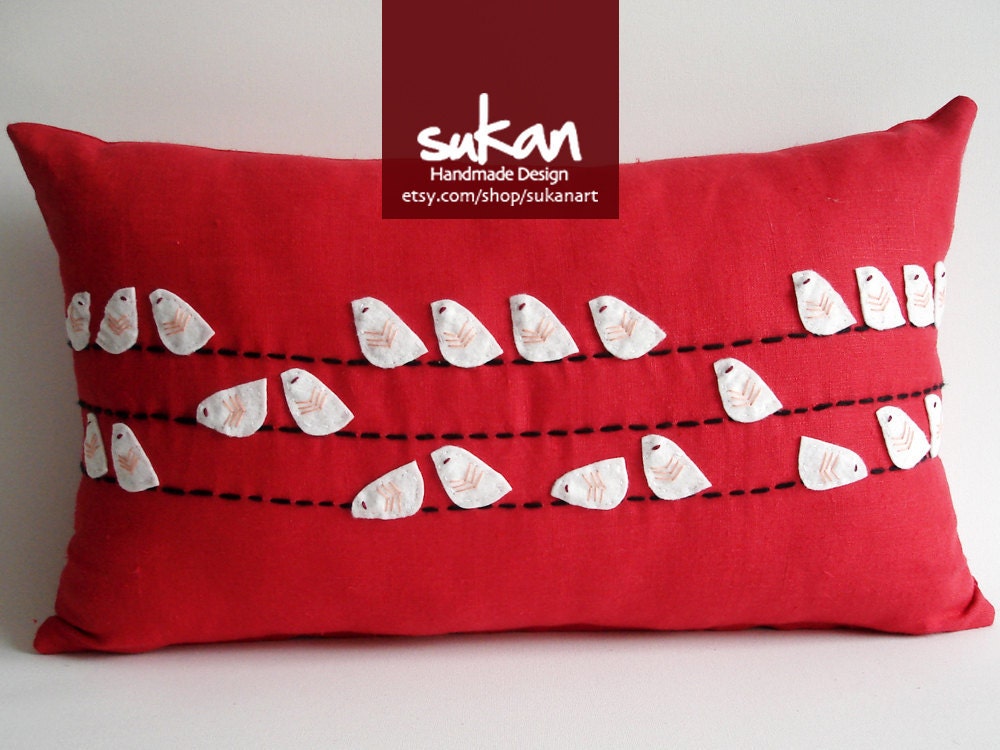 Sukan / Red Linen White Birds pillow covers - red lumbar pillow cover - linen pillow - wine birds pillow - nursery pillow - designer pillow