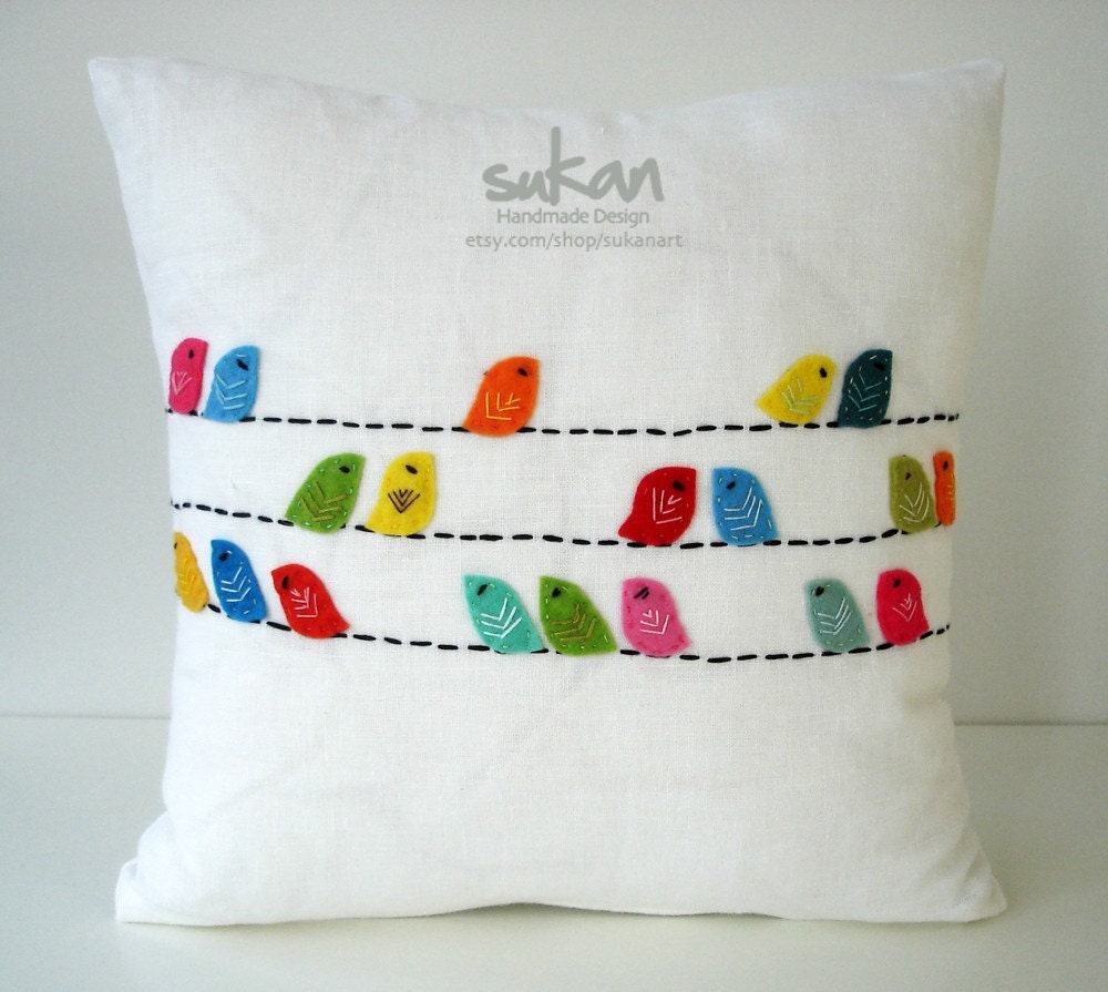 sukan / SET (2 piece) Color Birds, White Linen Pillow cover, Throw Pillow Covers Decorative PIllows Cushion Covers - 16x16