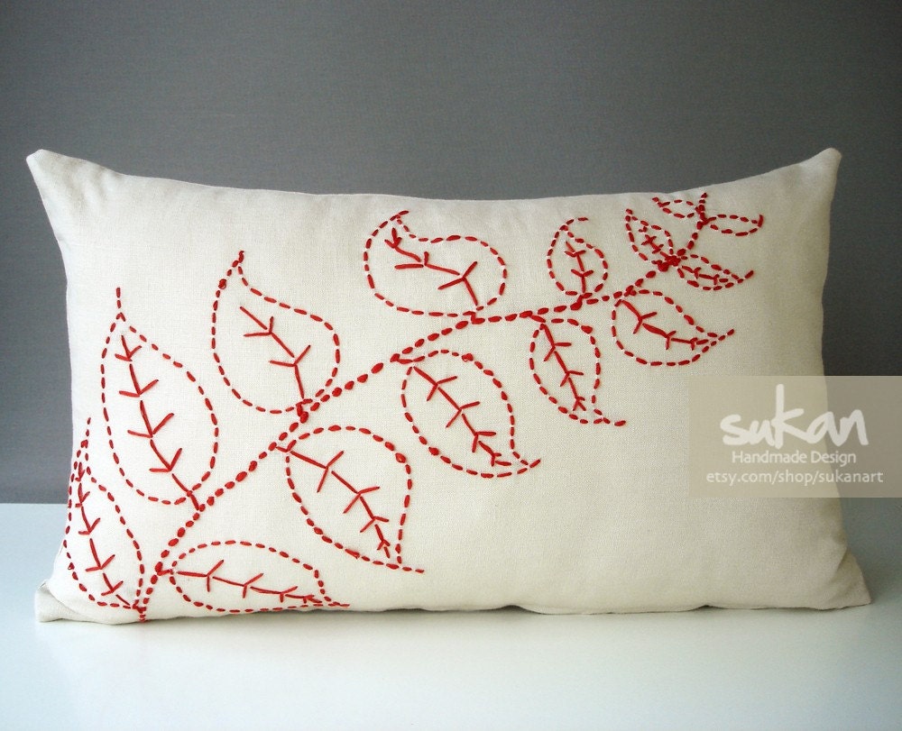 Sukan / Embroidered Linen Pillow Covers Beige Red, Decorative Throw Pillows, Accent Pillows, Chevron Pillow Covers Lumbar Pillow