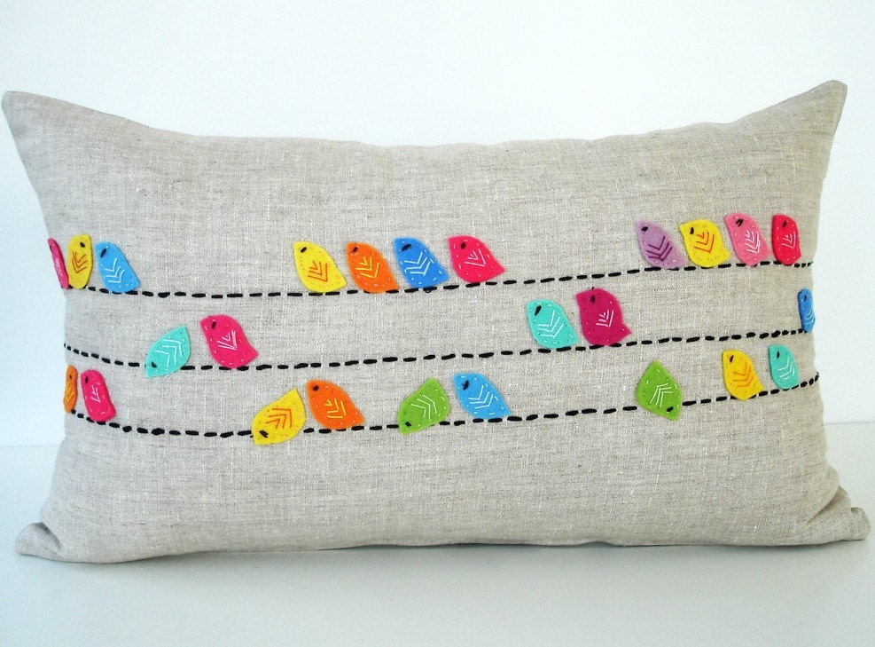 Sukan / Color Birds Pillows - Designer Pillow - Raw Linen PIllow - Decorative Throw Pillows - Cushion Covers - Lumbar Pillow Cover