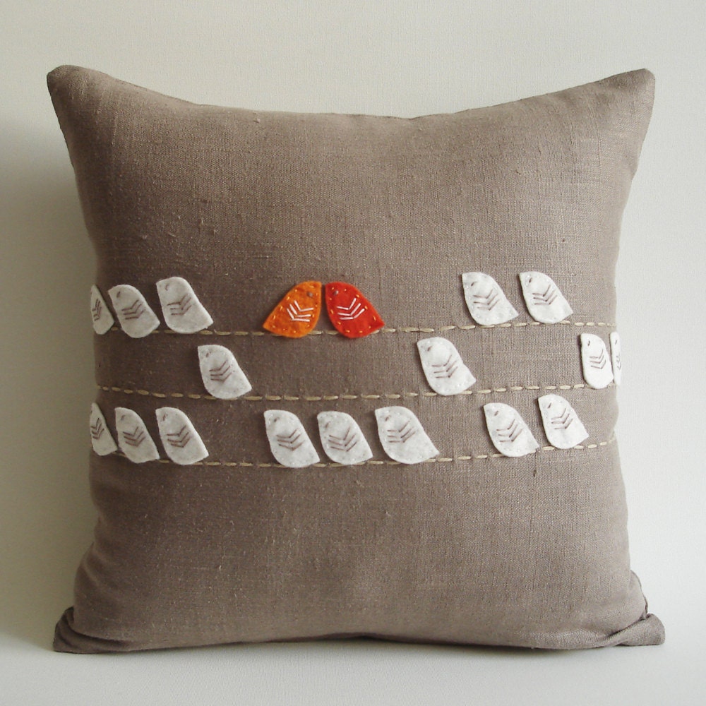 Sukan / Birds Linen Pillow cover - 14x14 inch - Red White Orange Beige Soft Brown