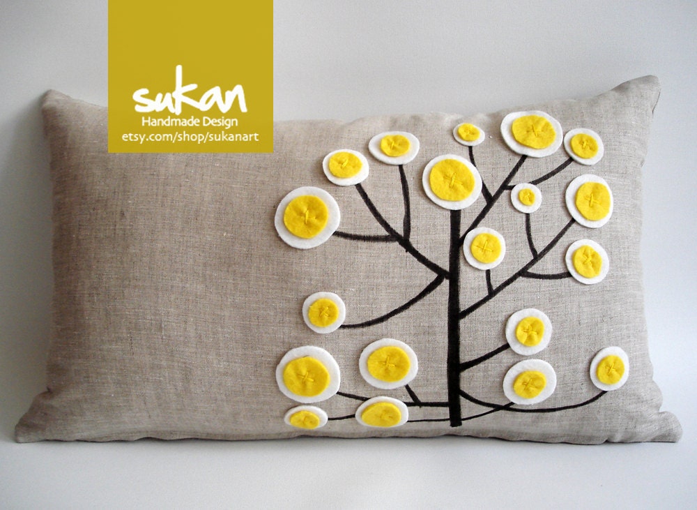 Sukan / Birds Linen Pillow Cover - 12x20 inch - Yellow, Gray, Black Color