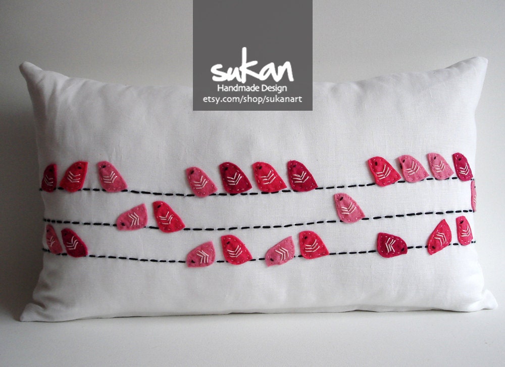 Sukan / Birds Linen Pillow Cover - decorative throw pillows - nursery decor - decorative pillows - 12x20 inch - White, Pinks Color