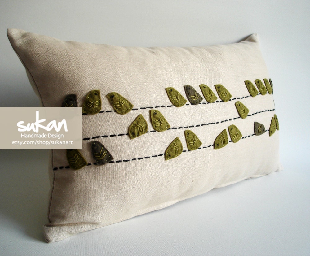 Sukan / Beige Linen, Greens Birds Pillow Cover - 12x20 inch