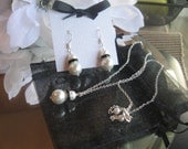 Large Pearl and Black Swarovski Rhinestone Silver Chain Necklace and Earring Set Bride or Bridesmaid Jewelry Set