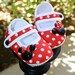 DiSNeYLaND Here We Come, BaBY BLiNG Crib Shoes- Red & White Polka DoT w/ Minnie Mouse Resins and  a black rhinestone- in 4 diff infant sizes