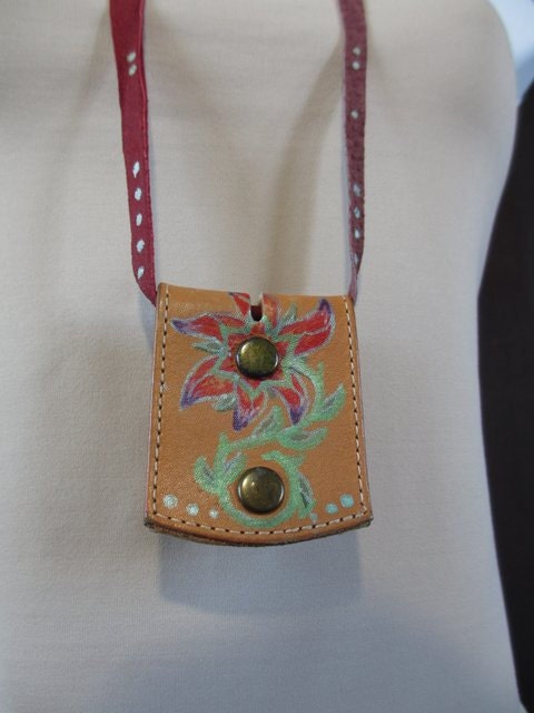 Red and Purple Recycled Leather w Painted Flower Detail Necklace
