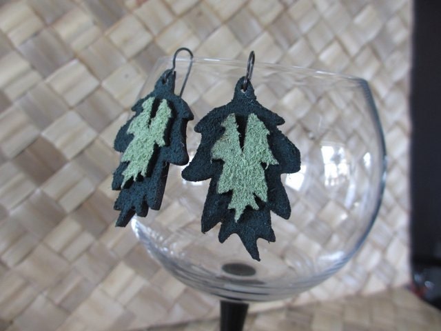 Recycled Leather Light and Dark Green Leaf Cut Out Earrings