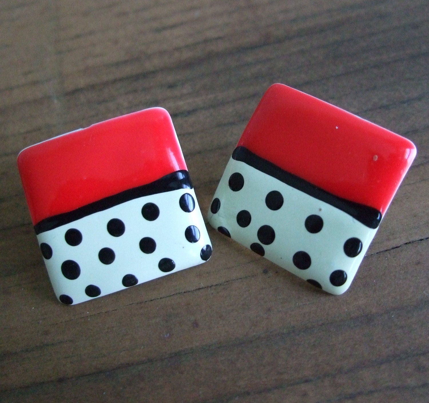 Lady Bug Vintage Earrings, Black and White Polka Dot, Red Square Retro Jewelry
