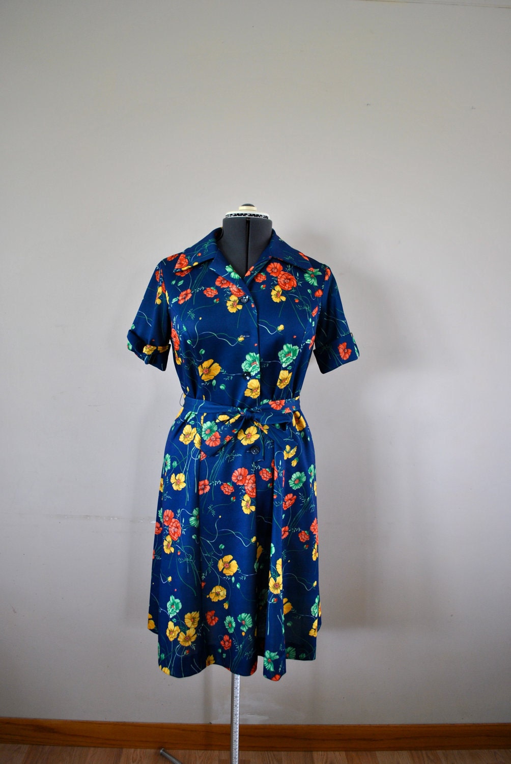 Bohemian Style 1970s Dress / Blue Floral Dress / Blue Bohemian Dress / Vintage Sundress / Hippie Boho Blue Floral Dress