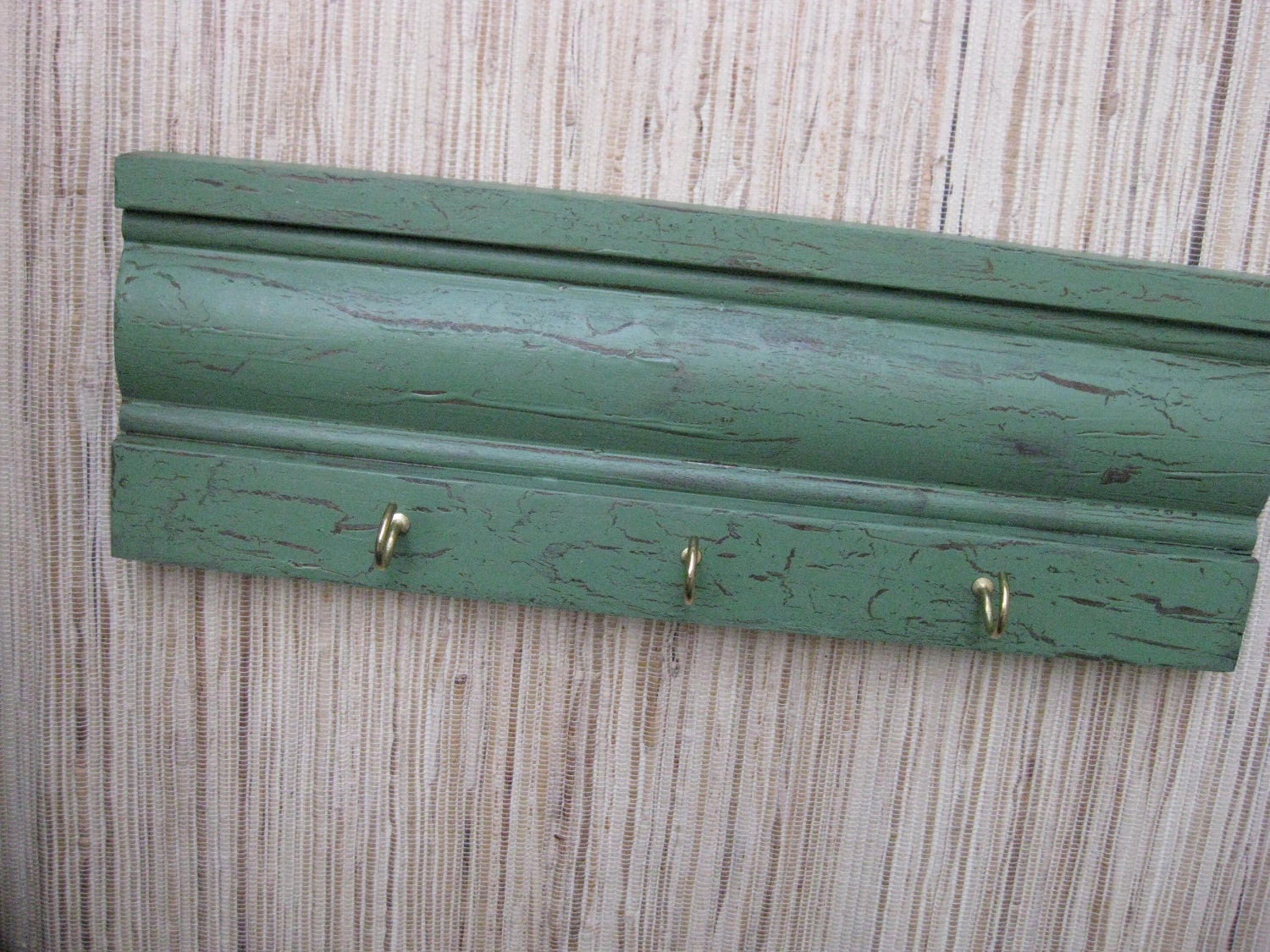 Distressed / Crackled Wood Wall Hanger, Reclaimed, Weathered Sea Green with gold hooks